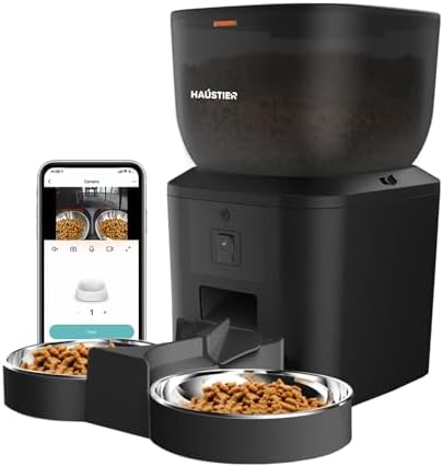 Haustier QQ025-Dual Kameralı Akıllı Kedi Köpek Otomatik Mama Kabı, App Uzaktan Kontrol, Sesle Çağırma, 480P Kamera, 4lt Hazne, Çift Metal Kase (Siyah)
