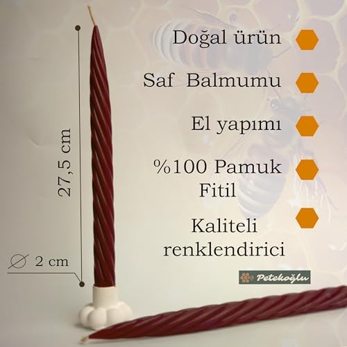 Mum Bordo (2 Adet 27.5Cm) Kalın Şamdan Mumu Dekoratif Mum (Bordo) Mum Beeswax Candle