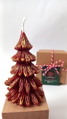 Doğal Petek Mum Kırmızı Altın Simli Çam Ağacı Boy 8.5 Cm Bal Mumu Beeswax Candle