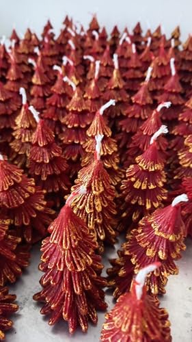 Alternative view of Doğal Petek Mum Kırmızı Altın Simli Çam Ağacı Boy 8.5 Cm Bal Mumu Beeswax Candle