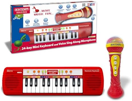 Bontempi Elektronik Karaoke Seti, 24 Tuşlu Işıklı Org ve Mikrofon, Müzik Eğitim Seti, 3+ Yaş (Kırmızı)