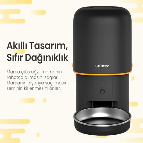 Haustier PF02 Akıllı Kedi Köpek Otomatik Mama Kabı, App-Wifi Uzaktan Kontrol, 4Lt hazne, Metal Kase (Siyah)