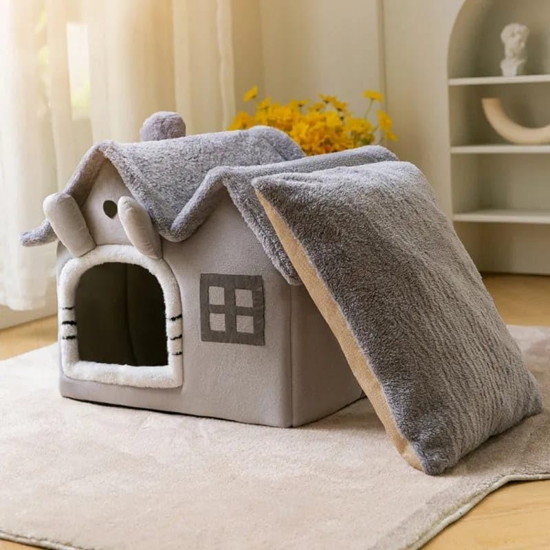 Tineke Kedi Evi Yumuşak Kedi Yatağı Derin Uyku Ve Kış Evi Çıkarılabilir Minder -villa 1adet (GRİ BÜYÜK BOY)