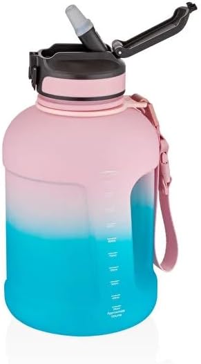 1700ml Çift Renk Pipetli Taşıma Askılı Kulplu Softtouch Motivasyon Su Matarası (Pembe-Mavi)