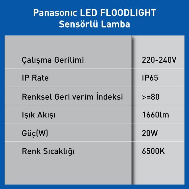 LED PROJEKTÖR SENSORLÜ, BEYAZ IŞIK 20W 1660LM 6500K
