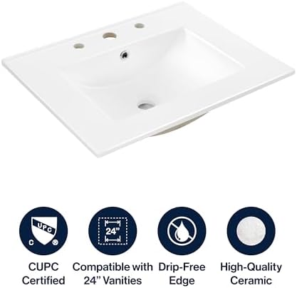 Y SNK1001A Yardımcı 3 Delikli 24 inç G x 18 inç D Klasik Dikdörtgen Seramik Tek Lavabo Lavabo Vanity Top, Beyaz