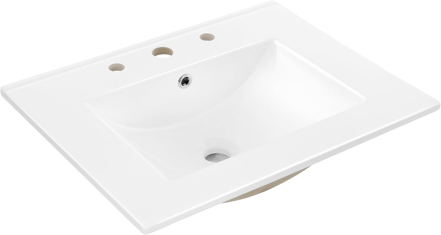 Alternative view of Y SNK1001A Yardımcı 3 Delikli 24 inç G x 18 inç D Klasik Dikdörtgen Seramik Tek Lavabo Lavabo Vanity Top, Beyaz