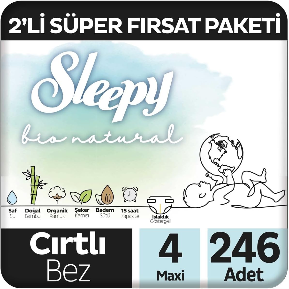 Bio Natural 2'li Fırsat Paketi Bebek Bezi 4 Numara Maxi 246 Adet