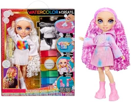Watercolour & Create Kendin Yap Moda Bebek ve Batik Seti ile - Mor Gözler, Kıvırcık Saç, Ekstra Üst ve Ayakkabı - Renk, Oluştur, Oyna, Durulama ve Tekrarla - Çocuklar için 4-12+