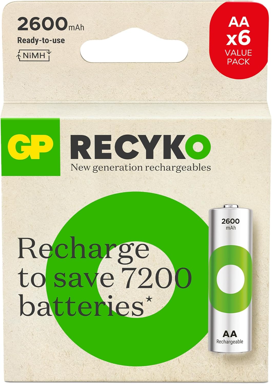 ReCyko 2600mAh AA Kalem Ni-Mh Şarjlı Pil, 1.2 Volt, 6'lı Kart