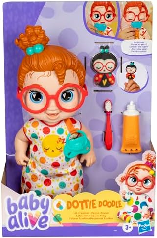 Baby Alive Lil Dreamer Dottie Doodle Bebek Seti, Kırmızı Saç, Eğlenceli Pijama Partisi Teması, Kız ve Erkek Çocuklar için Okul Öncesi Oyuncakları 3 Yaş ve Üzeri