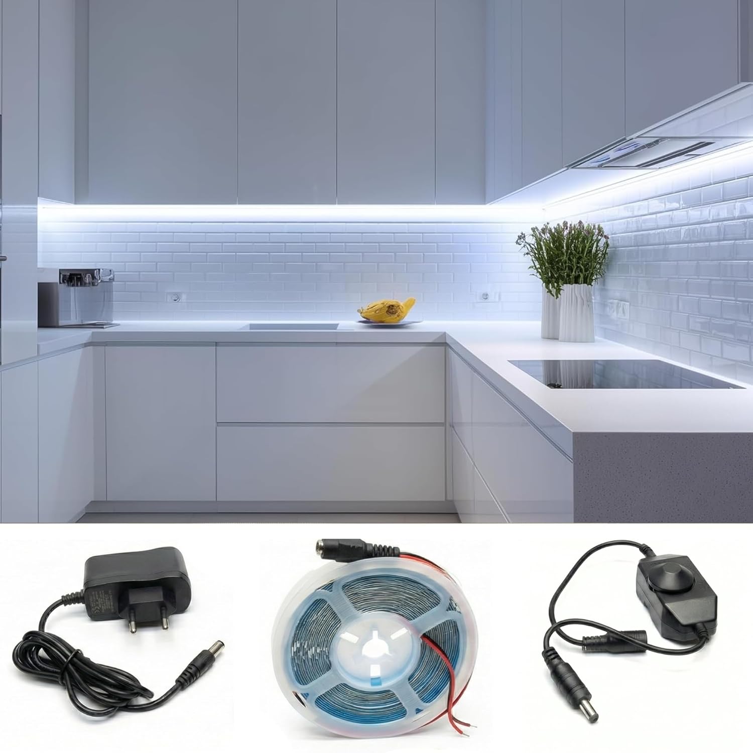 2.5 Metre Beyaz Şerit Led Çevirmeli Anahtar Tak Çalıştır Hazır Set Adaptör Dahil, Açma-Kapama, Parlaklık Ayarı Yapılabilir, Mutfak, Tezgah, Dolap içi, Ayna, Tv Ünitesi Aydınlatma