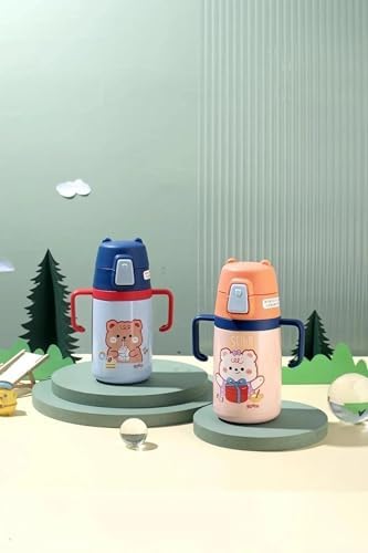400ml Silikon Pipetli Sevimli Ayıcıklı Boyun Askılı Bebek Kulplu Paslanmaz Çelik Termos (Lacivert)