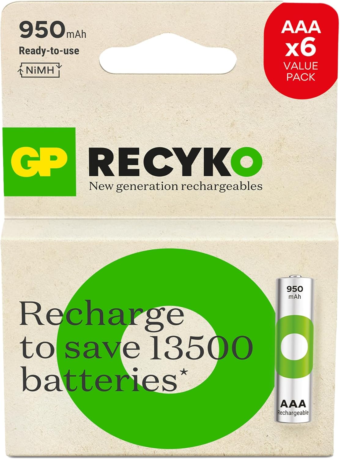 Alternative view of ReCyko 950mAh AAA İnce Kalem Ni-Mh Şarjlı Pil, 1.2 Volt, 6'Lı Kart