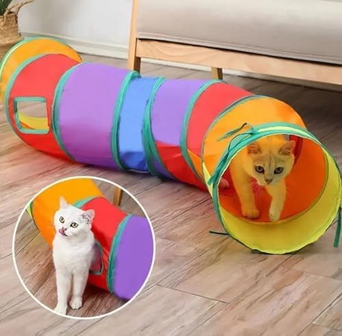 Gökkuşağı Renkli Katlanır Kedi ve Köpek Oyun Tüneli, Uzun Eğlenceli Evcil Hayvan Oyuncak Tüneli (T Şeklinde)