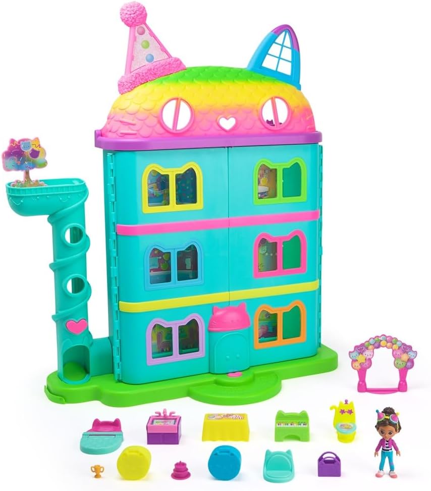 , 15 parça Purrfect Party oyuncak bebek evi oyun seti, gökkuşağı görünümlü, 60 cm'den büyük, Gabby figürlü, mobilya ve ses efektli, 3 yaş ve üzeri