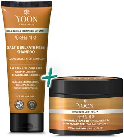 YOON 2'li Vegan Tuzsuz Şampuan & Saç Bakım Maskesi 250ml, Hyaluronik Asit, Keratin, Kolajen ve Biotin İçerikli Besleyici, Onarıcı 2'li Saç Bakım Seti