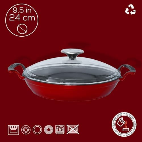 Döküm Yuvarlak Sahan Cam Kapaklı Döküm Demir Yekpare Çift Kulplu Çap(Ø)24cm. Kırmızı