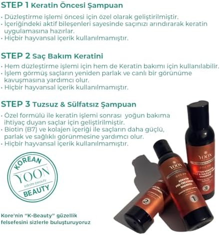 YOON 3'lü Premium Uzun Süren Saç Düzleştirici & Saç Botoxu Kiti, Sülfatsız Tuzsuz Şampuan 250ml, Elektriklenme Önleyici, Kolay Tarama Saç Spreyi 250ml Saç Bakım Seti