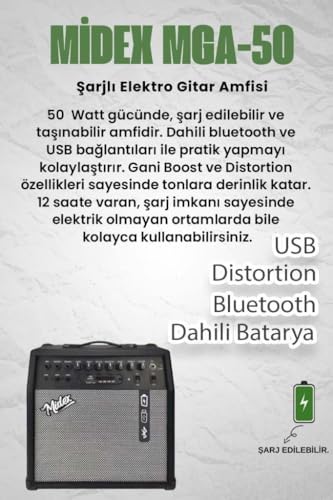 Alternative view of MGA-50-PAK Elektro Gitar Amfisi 50 Watt USB Bluetooth Şarjlı 4 girişli (Mikrofon Kulaklık Stand Kablo)