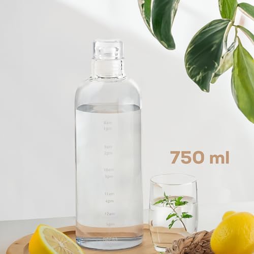 2407 Borosilikat Cam Su Şişesi - Su İçme Saatli Dereceli Matara Suluk - Başucu Sürahisi Şeffaf 750 mL