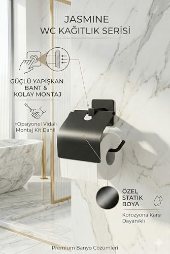 Alternative view of Banyo Kare Siyah Yapışkanlı Kapaklı Tuvalet Kağıtlığı Wc Kağıtlık Tuvalet Kağıdı Askısı