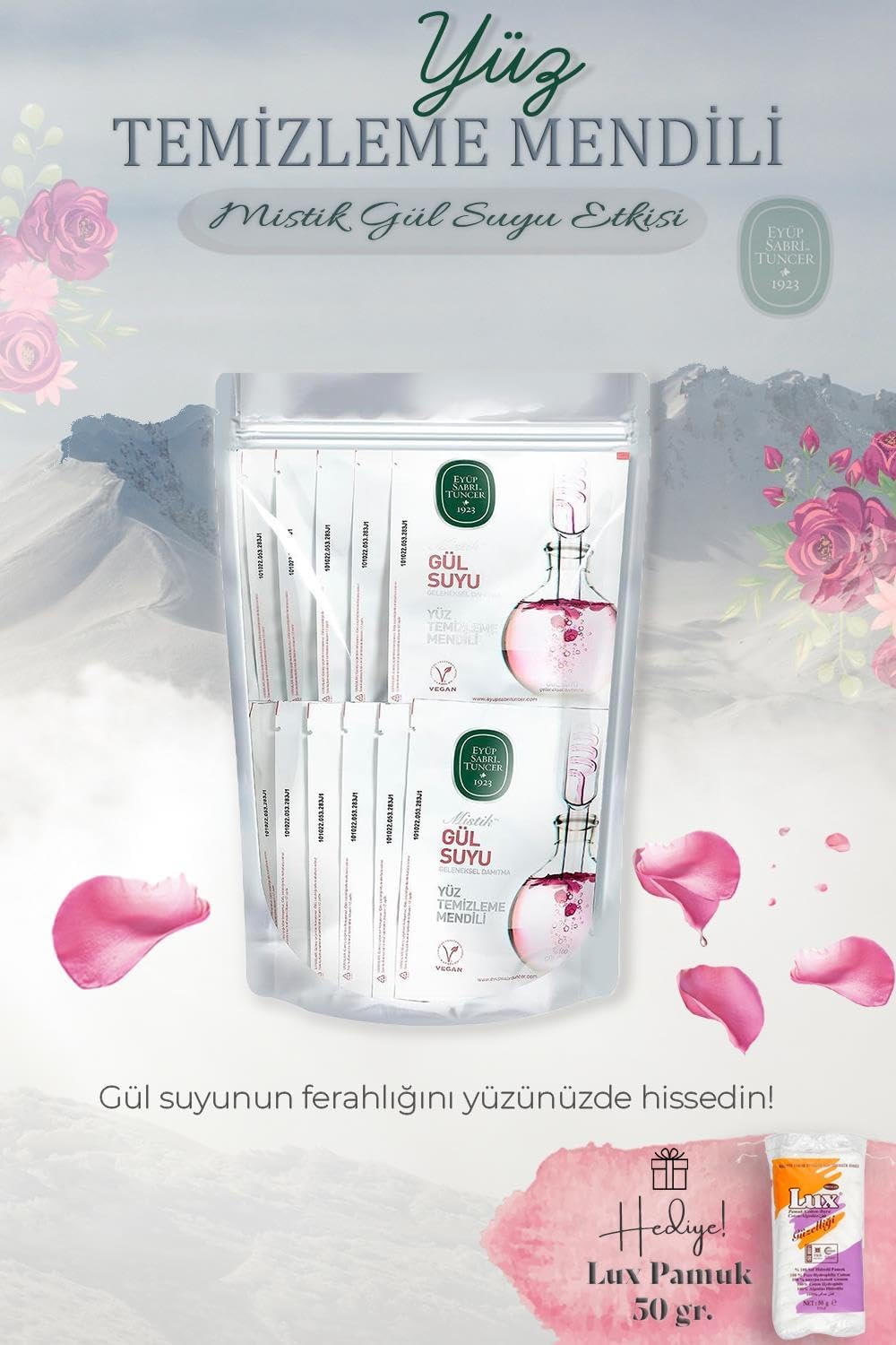 Mistik Gül Suyu 30'lu Yüz Temizleme Mendili ve Pamuk Hediyeli