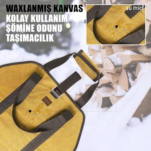 Ağır Hizmet Çantası, Waxed Kanvas, Şömine Odun Çantası, Kamp için Yakacak Kütük Taşıma Depolama Çantası, Şömine Odun Sobası Aksesuarları - Sarısı