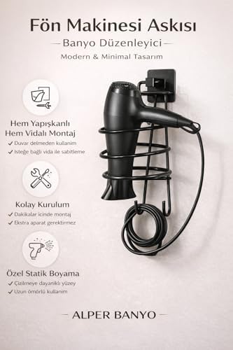 Banyo Siyah Kare Fön Makinesi Askısı Saç Kurutma Makinesi Tutacağı Yapışkanlı