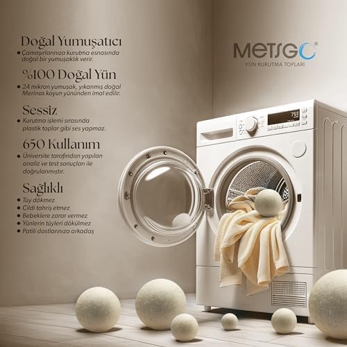 METSGO (6 Adet) Yün Kurutma Topu - Doğal Yumuşatıcı- Kırışık Giderici - Kurutma Makinesi Için