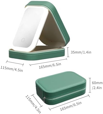 Işıklı aynalı kozmetik çantası, taşınabilir kozmetik çantası, 3 renkli LED ışık, bölmeli ve ışıklı aynalı, Yeşil., TWK-001