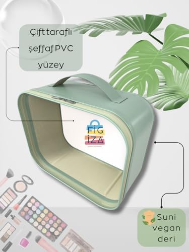 Makyaj Çantası Kozmetik Düzenleyici Seyahat Tipi Deri Görünümlü Şeffaf Organizer (24 * 18 * 11 cm) (yeşil)