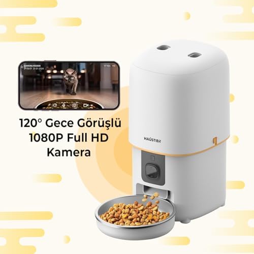 Haustier PF05 Kameralı 1080P FHD Gece Görüş Akıllı Otomatik Kedi Mama Kabı, App-Wifi Uzaktan Kontrol, Sesle Çağırma, 2.4Ghz-5Ghz, 4Lt hazne, Metal Kase (Beyaz)