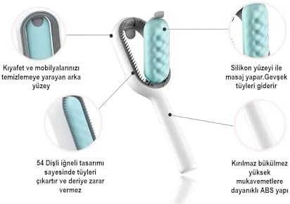 Su Hazneli Kedi Tüy Temizleme Fırçası Tarağı + 60 Yaprak Tüy Toplayıcı Rulo Hediye (Mavi)