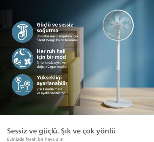 SilentWings teknolojisi ile güçlü ve süper sessiz ayaklı vantilatör. 19 dB. 2'si 1 arada masa ve ayaklı vantilatör. Eğim ve salınım ayarlanabilir. 12 saatlik zamanlayıcı. Beyaz. (CX2550/00)