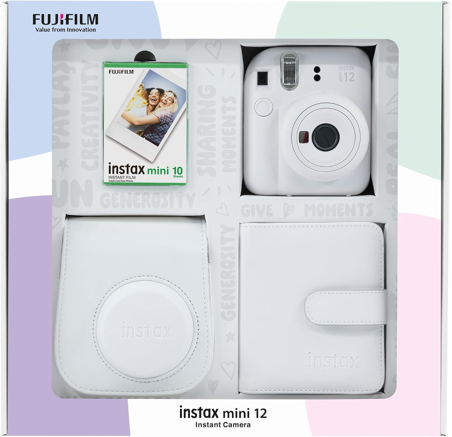 mini 12 Fotoğraf Makinesi 10'lu Film Kare Albüm ve Deri Kılıf Bundle Box (Beyaz)