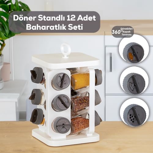 1081 Kare Prizma Döner Standlı Döner Kapaklı 12'li Cam Baharatlık-Düzenleyici Organizer-Beyaz