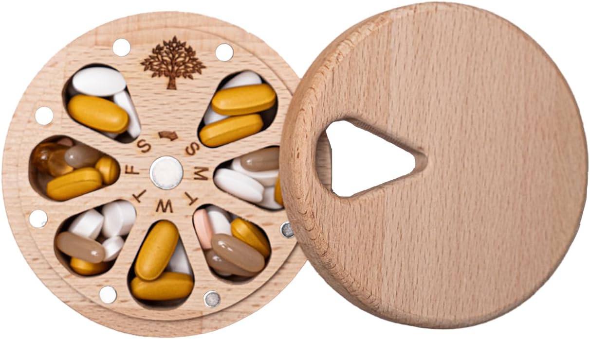 Haftalık Hap Kutusu Düzenleyici, 7 Günlük Hap Düzenleyici, İlaç ve Vitamin için Ahşap Sevimli Hap Düzenleyici, Hap Düzenleyici, Günlük Taşınabilir Seyahat Hap Kutusu, Haftalık Hap Düzenleyici, Manyeti