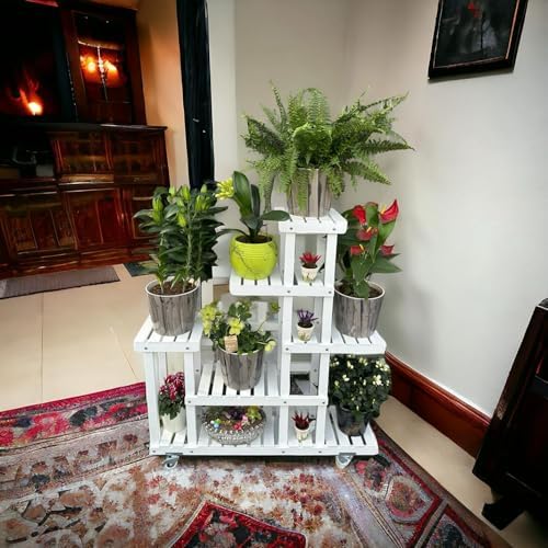 VEHER Ahşap (Çam) BEYAZ Renk 6 Katlı Bitki Standı, Kilitlenebilir Tekerlekler + Mini Bahçe Set + My Bead SoyaWax Kokulu Vegan Mum 50 cc