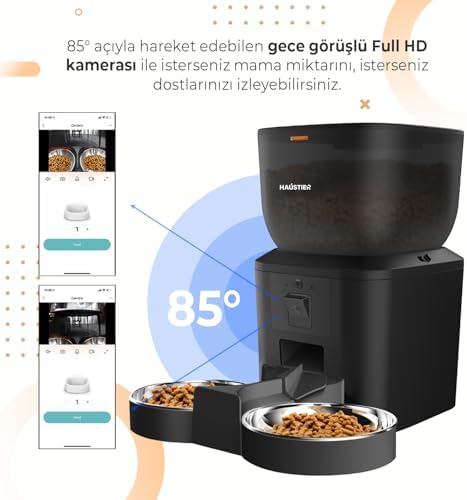 Haustier QQ029-Dual 1080P Gece Görüş Kameralı Akıllı Kedi Mama Kabı, App-Wifi Uzaktan Kontrol, Sesle Çağırma, 2.4Ghz/5Ghz, 4Lt hazne, Çift Metal Kase (Siyah)