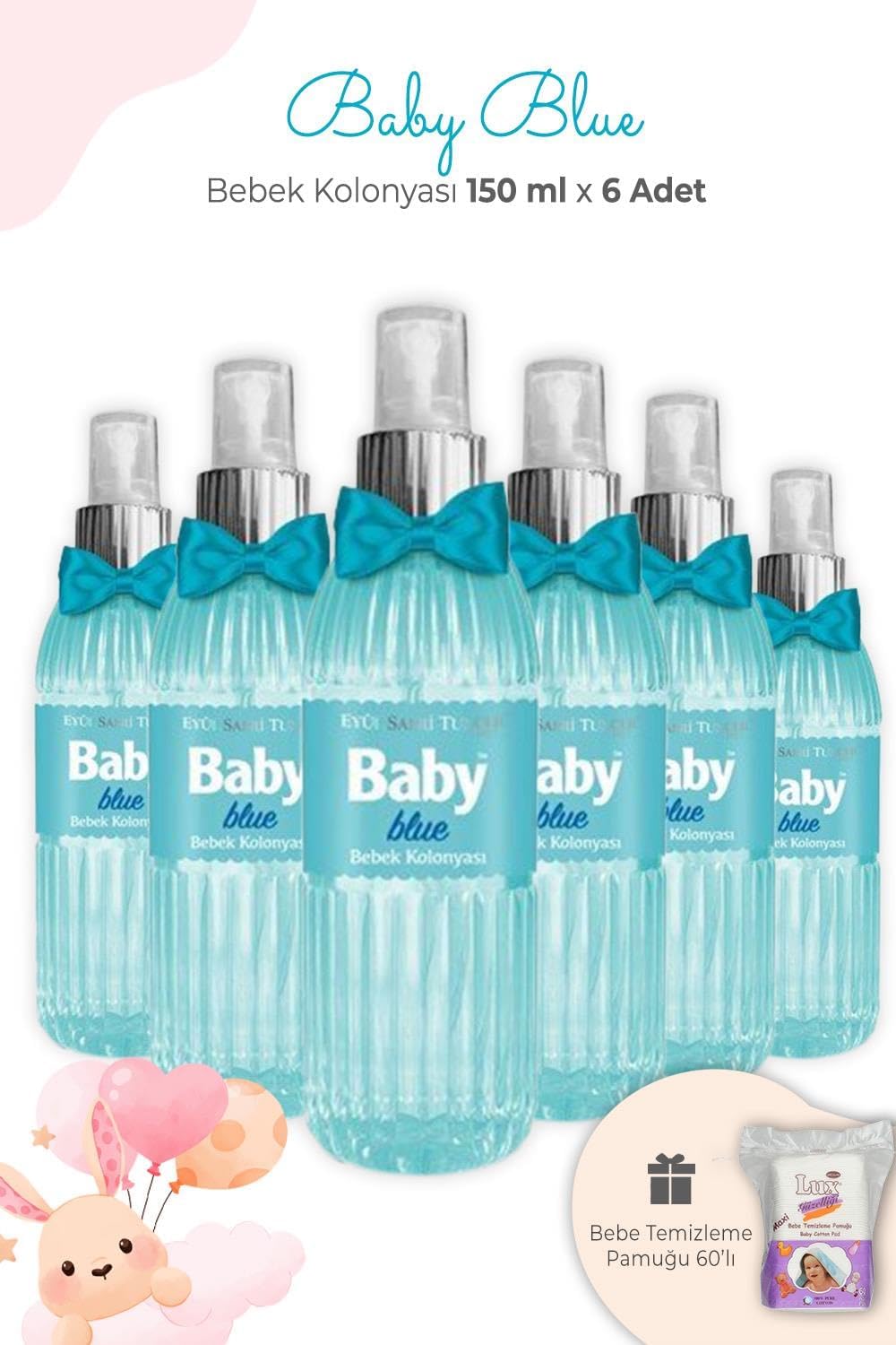 Baby Blue Bebek Kolonyası 150 ml x 6 Adet ve Kare Bebek Pamuğu