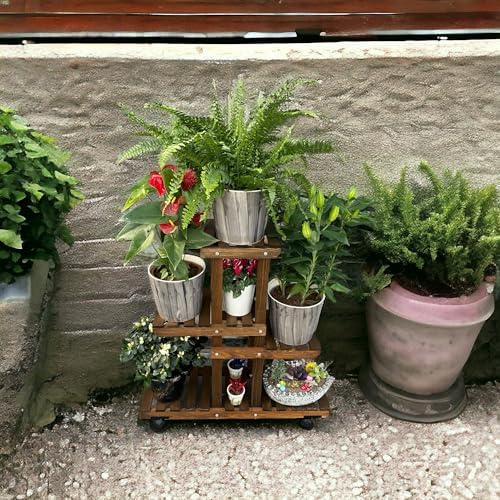 VEHER Ahşap (Çam) CEVİZ Renk 4 Katlı Bitki Standı, Kilitlenebilir Tekerlekler + Mini Bahçe Seti + My Bead Kokulu Mum 50 cc