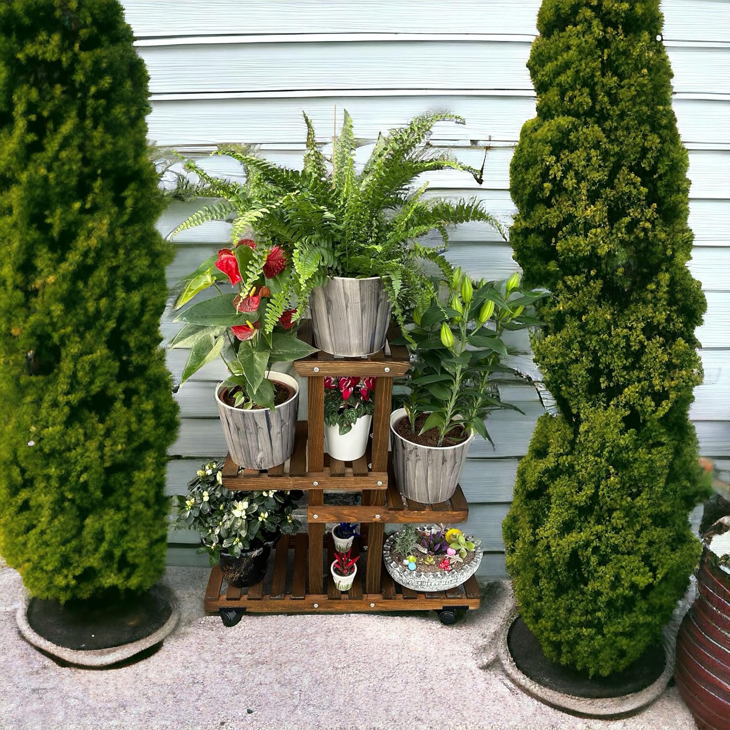Alternative view of VEHER Ahşap (Çam) CEVİZ Renk 4 Katlı Bitki Standı, Kilitlenebilir Tekerlekler + Mini Bahçe Seti + My Bead Kokulu Mum 50 cc