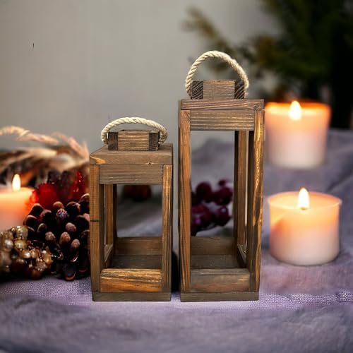 Ahşap (Çam) (CEVİZ Renk) Mum Fener Dekoratif 2'li Set, İç Mekan, Dış Mekan, Ev + My Bead Kokulu Vegan Mum 50 cc