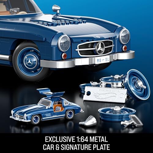 Mattel MEGA koleksiyona uygun yarış arabası yapı oyuncağı, 1500 parçalı, metal, 1:12 ölçekli, gri renkli -Benz 300 SL modeli, HWW25
