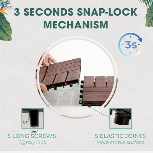 IDZO Kilitli Güverte Fayansları - 10 Adet Su Geçirmez Akasya Ahşap Fayansları, İç ve Dış Mekan için Döşeme Fayansları - Decking Checker Desen, 30 x 20 x 0,9 cm, Koyu Kahverengi