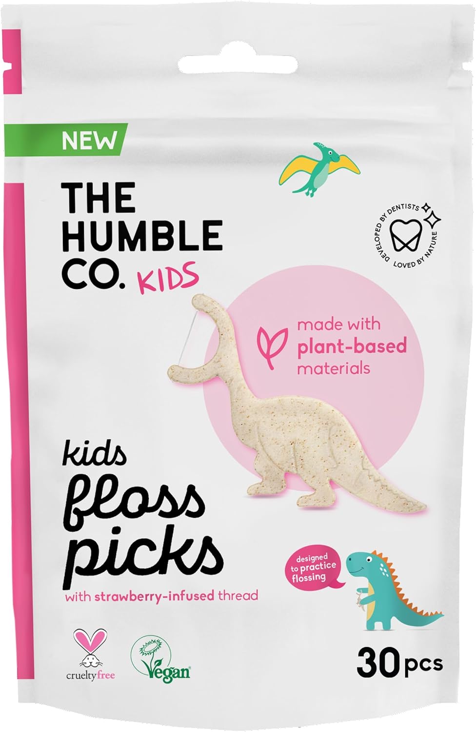 The Humble Co. - Humble Corn Starch Floss Picks - Kids 30 PCS Kürdanlı Diş İpi 30 Pcs - Çocuklar için Çilek Aromalı (Dinazor şekilli), Bitki bazlı malzemelerden yapılmış, tekrar kullanılabilir