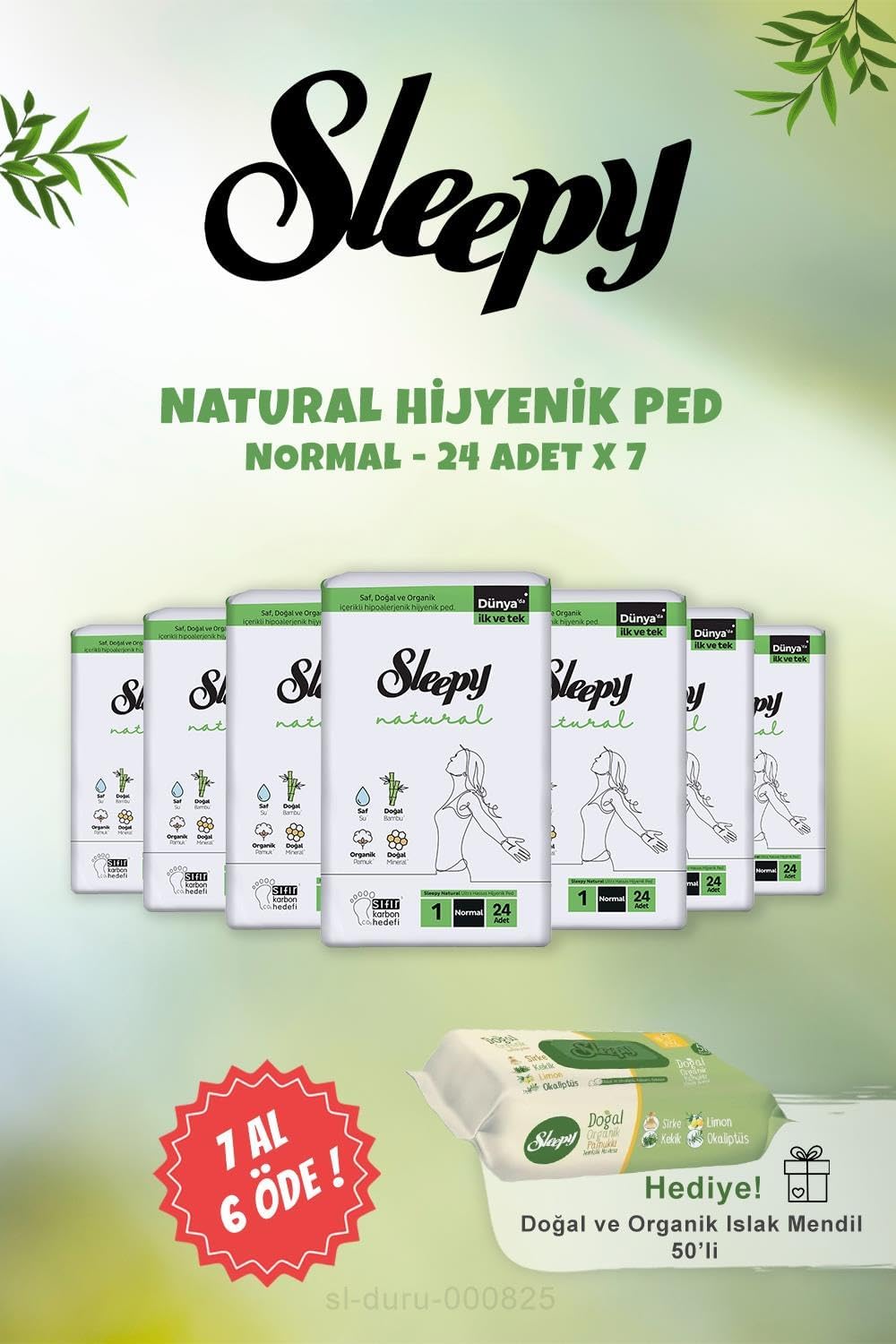 Alternative view of 7 AL 6 ÖDE Natural Hijyenik Ped Normal 24 Adet ve Doğal Islak Mendil 50 li