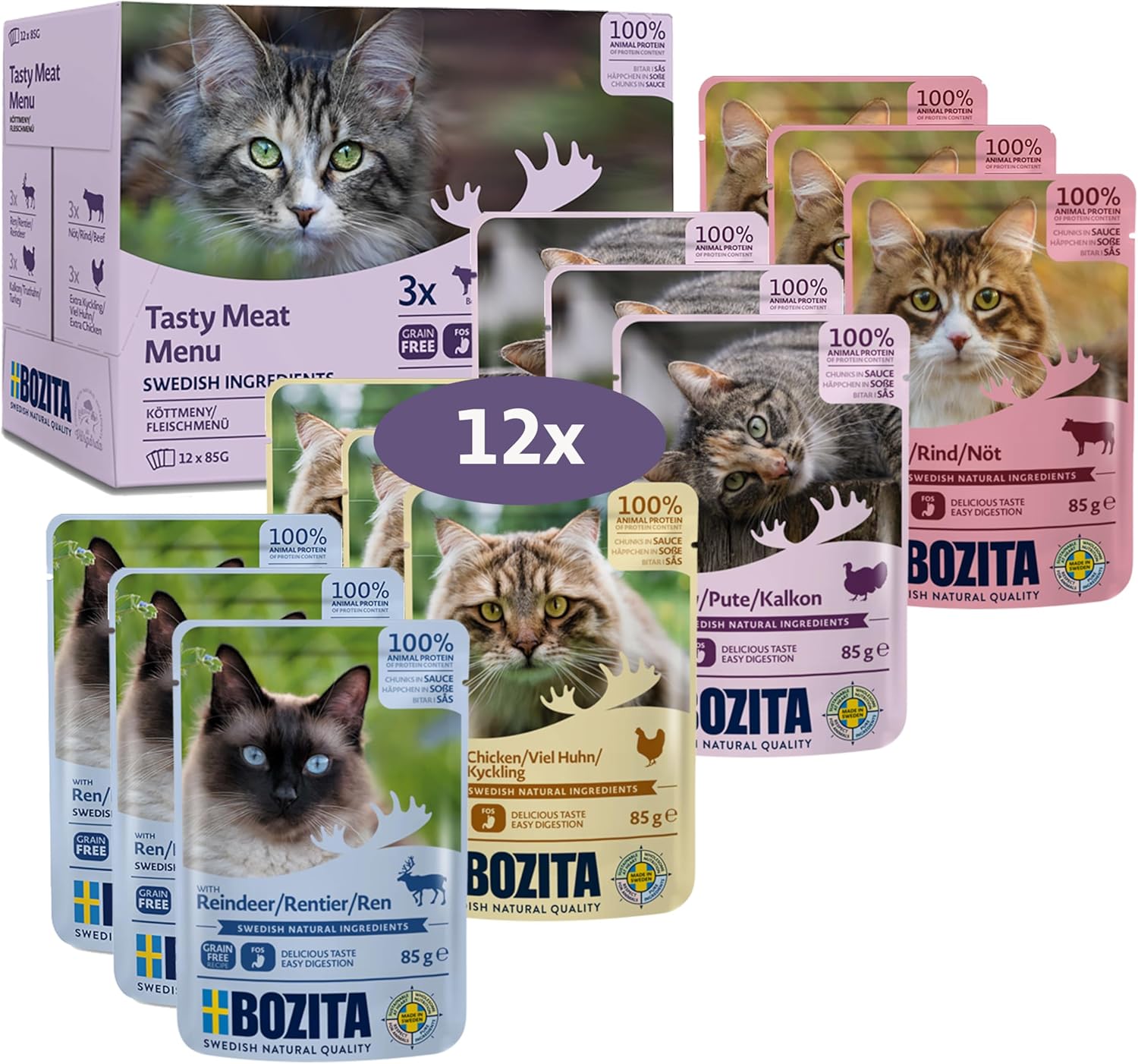 Bozita Et soslu atıştırmalık çoklu kutu 12 x 85 g Pouch - kediler için porsiyon torbasında ıslak mama