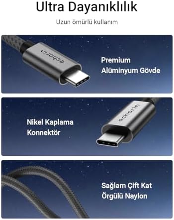 Alternative view of 240W, 20 Gbps, 4K 60Hz, USB C'den USB C'ye, Örgülü Hızlı Şarj, Görüntü ve Veri Aktarım Kablosu PD 3.2, 5A, 15, 16, 17, M2 MacBook Pro, Air, iPad Pro ve Galaxy S25, S24, S23 ile Uyumlu